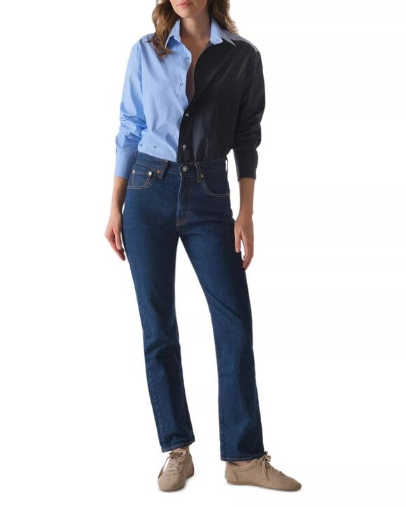 CISSA Tops - CISSA Women Blue/Navy Color Blocked Cotton Poplin Button Down Shirt Size XS/S